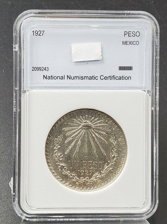 1927 Un Peso Silver Coin Choice BU UNC Mexico National Numismatic Certification