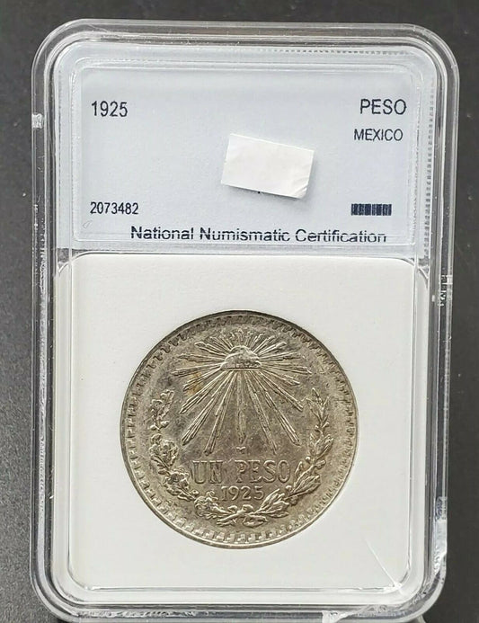 1925 Un Peso Silver Coin Choice AU Mexico National Numismatic Certification 2