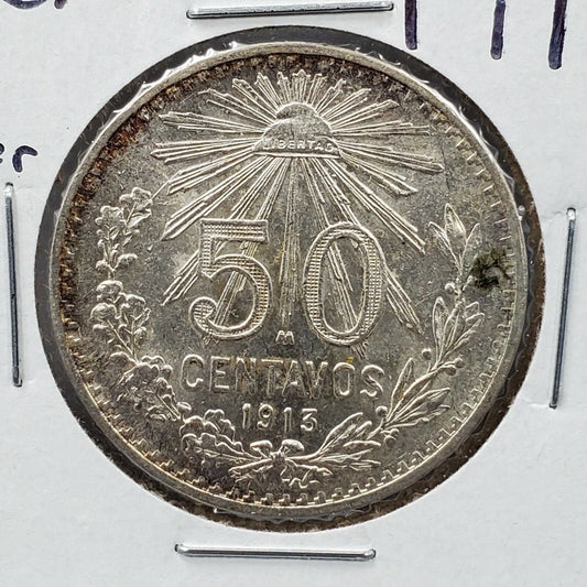 1913 Mexico 50 Centavos .800 Silver KM 445 GEM BU UNC Semi Key Nice Toning