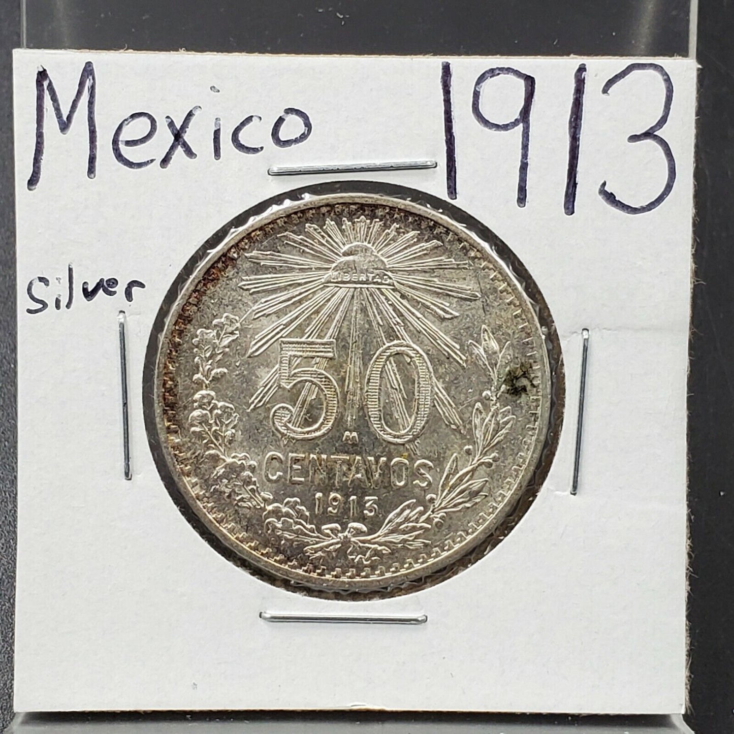 1913 Mexico 50 Centavos .800 Silver KM 445 GEM BU UNC Semi Key Nice Toning