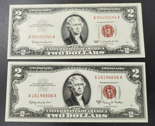 2 NOTE SET 1963 + 63 A $2 Red Seal Legal Tender XF Note Bills Repeat Serial #s