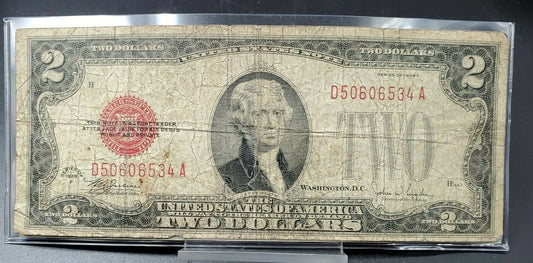 1928 $2 F Legal Tender Note Bill Red Seal US Currency G / VG Circulated