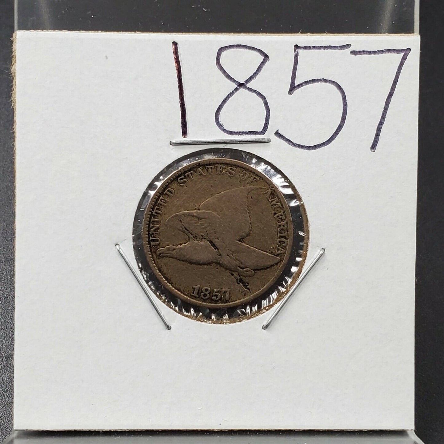 1857 Flying Eagle Indian Cent Penny Coin Struck Thru Grease Error Reverse VG/F