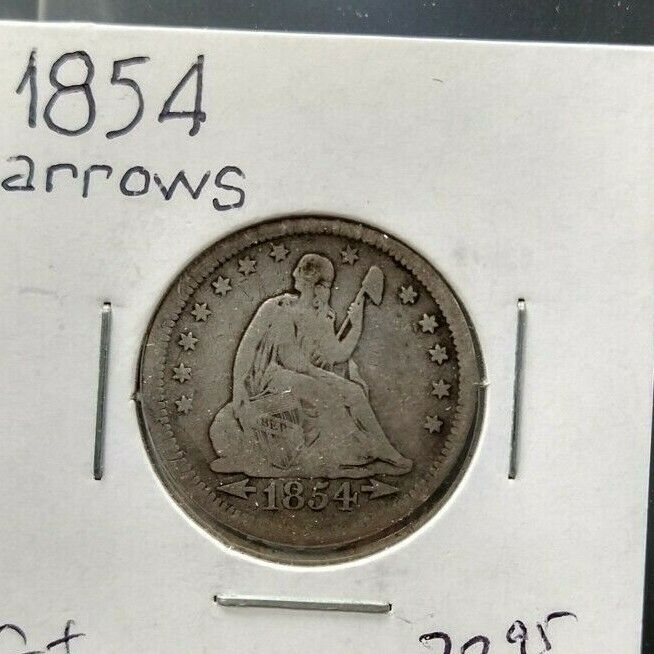 1854 P Seated Liberty Silver Quarter Coin Average Fine Circ With Arrows Variety