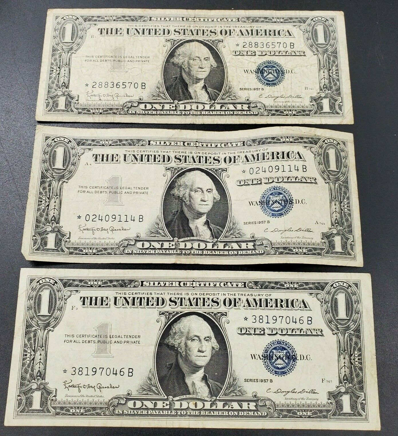 3 STAR * note set 1957 US Currency Silver Certificate US NOTE BILL BLUE SEAL VF+