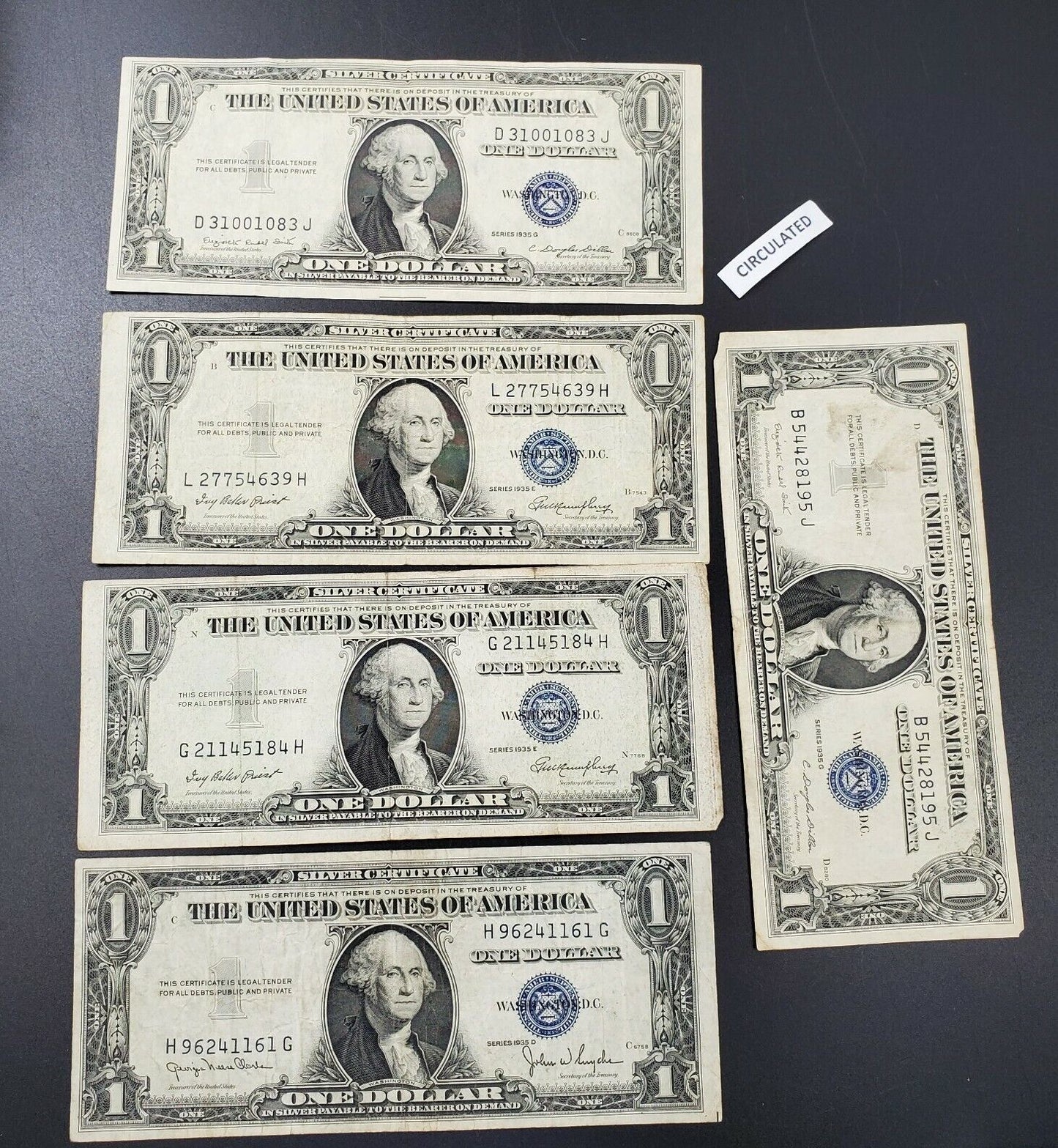 LOT 5 Note 1935 $1 SILVER CERTIFICATE NOTE BILL BLUE SEAL Repeat Serial #s VG+