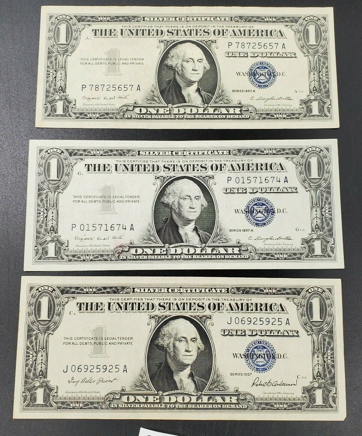 3 Bills 1957 US Currency Silver Certificate US BILL BLUE SEAL 1 note BTR Serial#