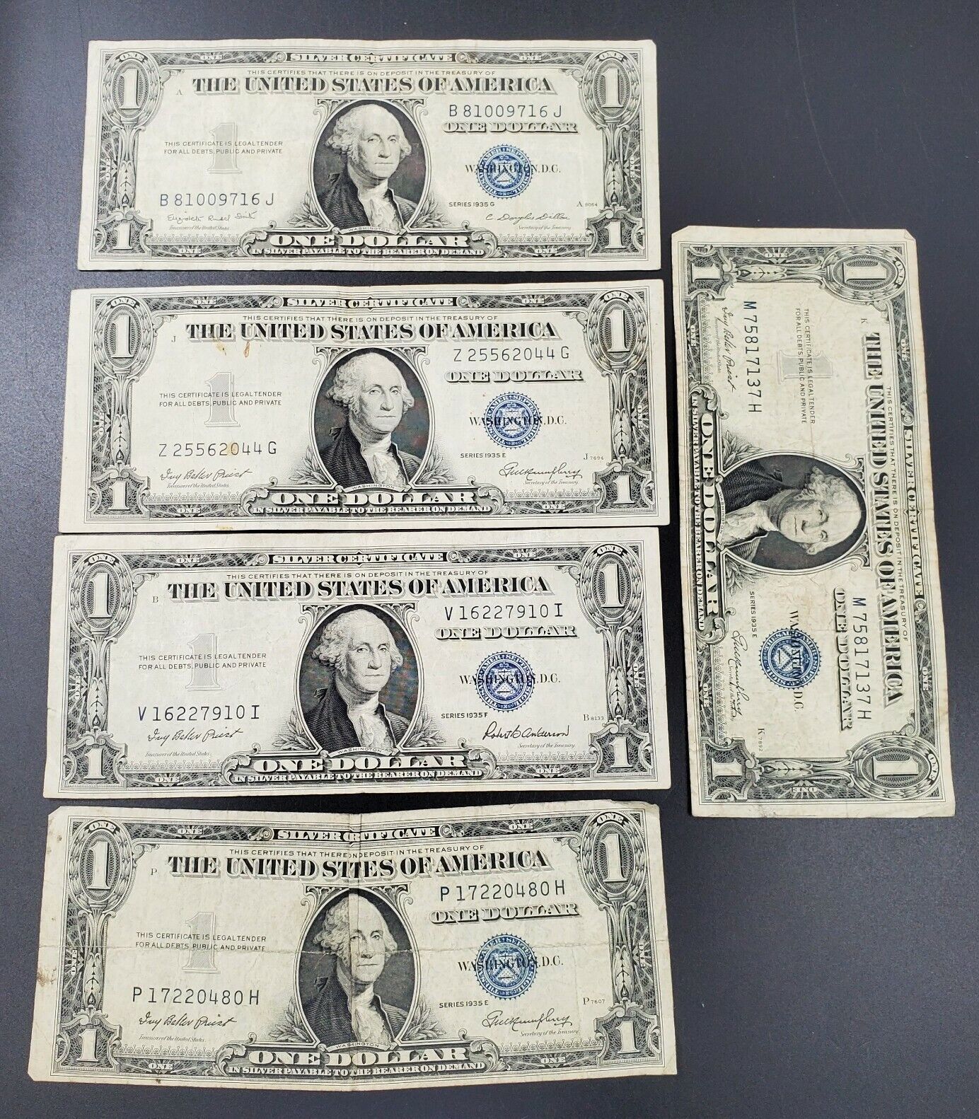 5 note set 1957 US Currency Silver Certificate US NOTE BILL BLUE SEAL Circulate