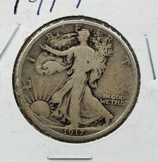 1917 P 50c Walking Liberty Silver Eagle Half Dollar Coin Average VF Very Fine