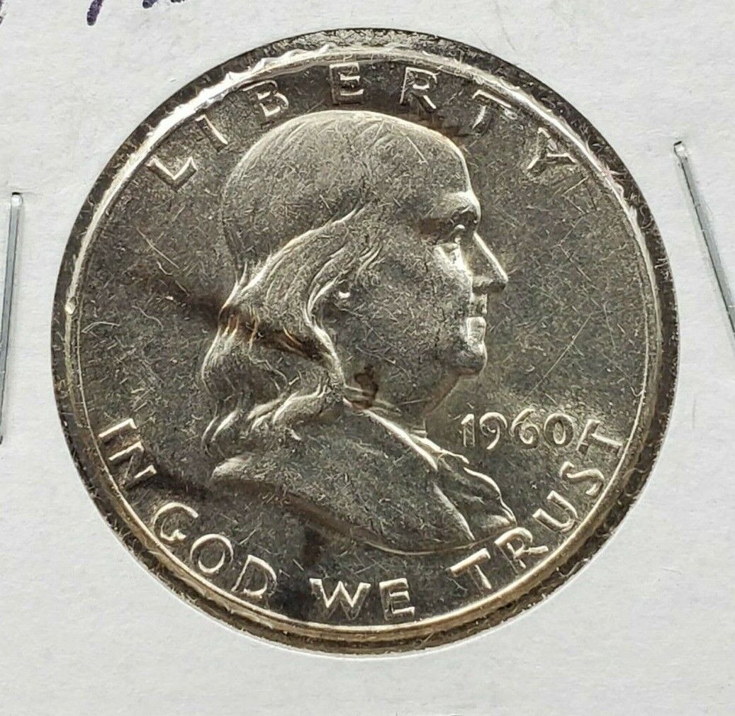 1960 D Franklin Silver Half Dollar Coin XF / AU with some toning circulated