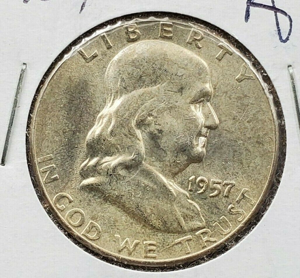 1957 P Franklin Silver Half Dollar Coin AU About UNC Some Toning