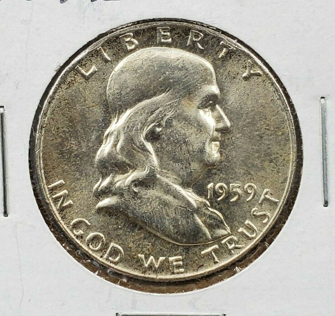 1959 D Franklin Silver Half Dollar Coin  Average UNC Uncirculated Toned