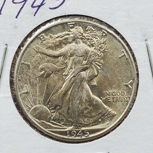 1945 P 50C Walking Liberty Silver Eagle Half Dollar WW2 American 50c CH AU Toner