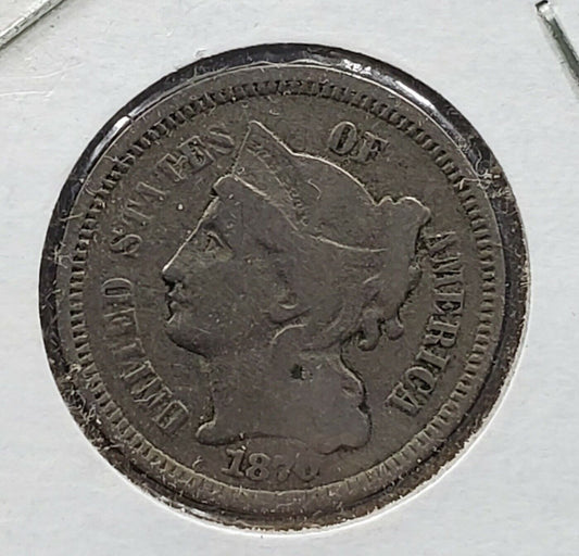 1870 P 3c Liberty Three Cent Nickel Coin Choice Fine Stuck Thru Grease Obverse