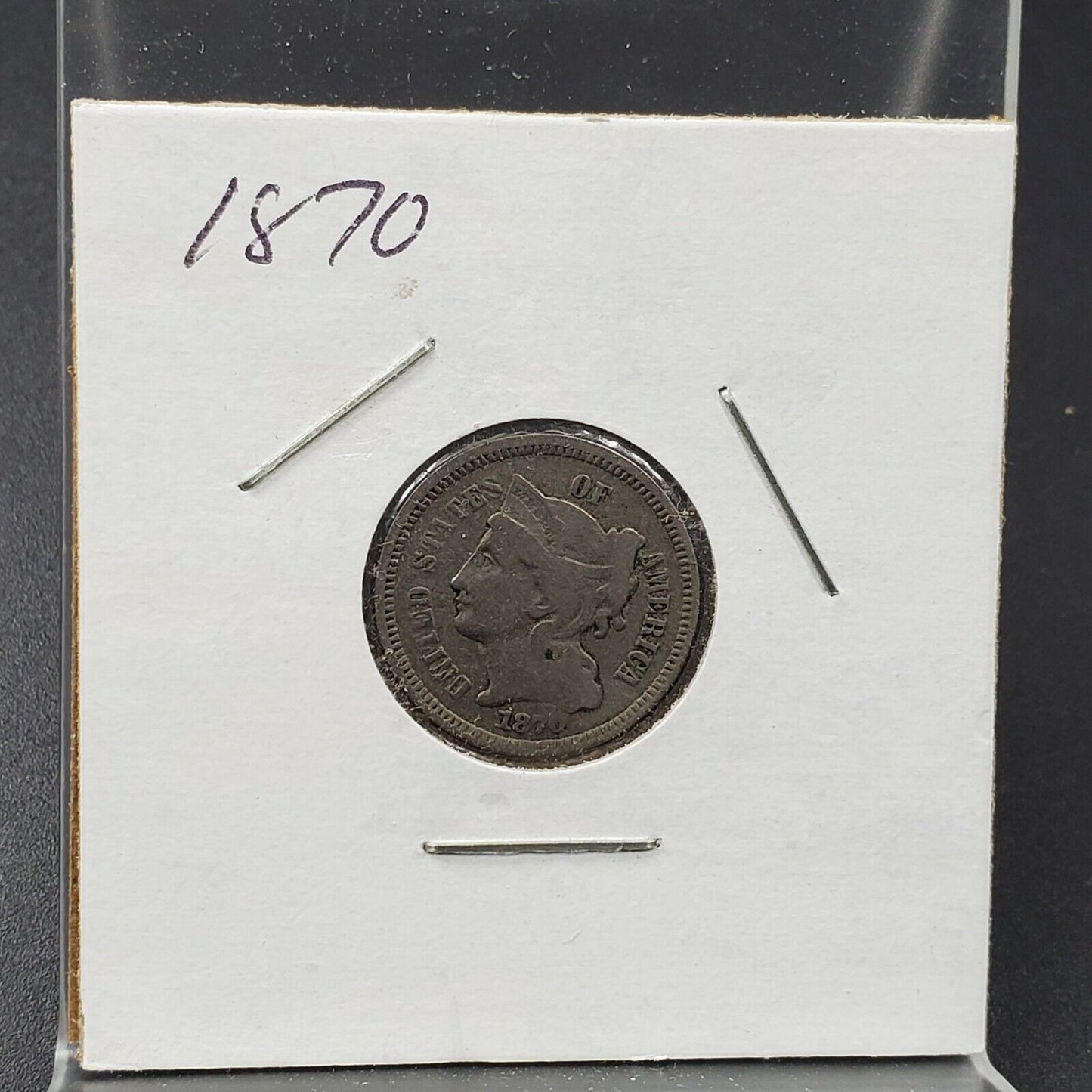 1870 P 3c Liberty Three Cent Nickel Coin Choice Fine Stuck Thru Grease Obverse