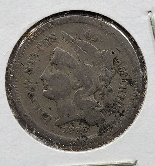 1866 3c Liberty Three Cent Nickel Coin Good / VG Details