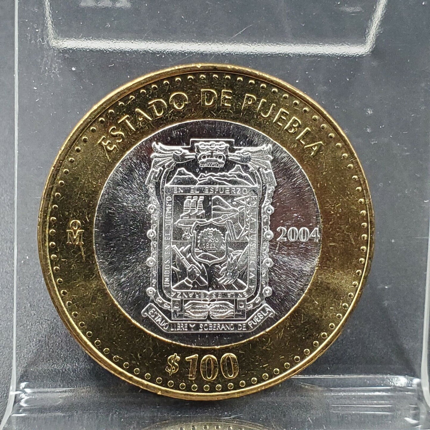 2004 Mexico 100 Pesos Silver Center GEM BU Bimetallic Estado Puebla State Commem