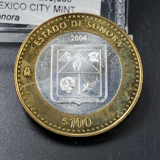 2004 Mexico 100 Pesos Silver Center BU UNC Bimetallic Estado Sonora