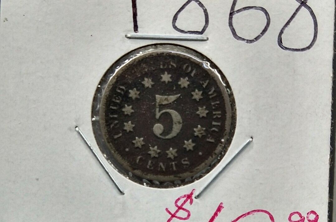 1868 Shield Nickel Five Cents Coin NO Rays very Circulated 5c