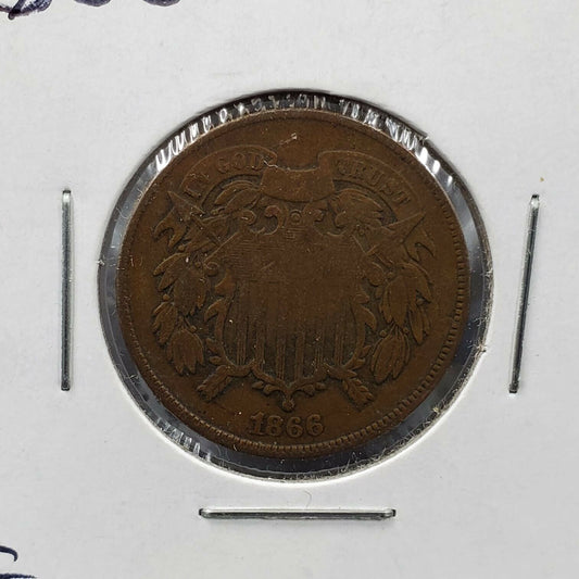 1866 2C Two Cent Copper Coin Piece Choice Fine F Circulated Nice