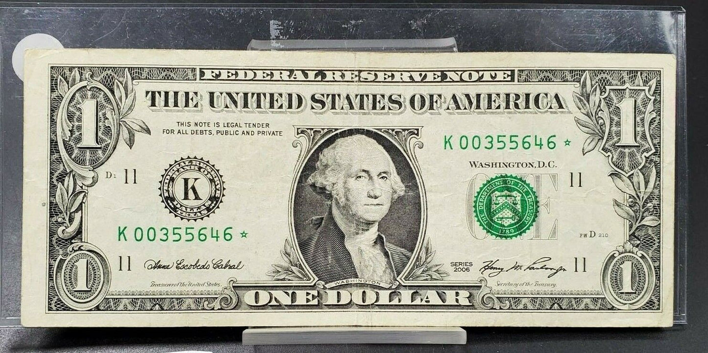 2006 $1 FRN Federal Reserve STAR NOTE * Dallas District Circ Repeat Low Serial #