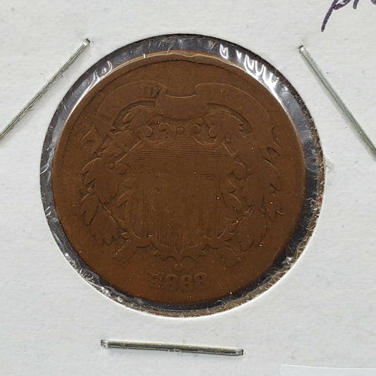 1868 2C Two Cent Copper Coin Piece Choice AG About Good / Good Circ