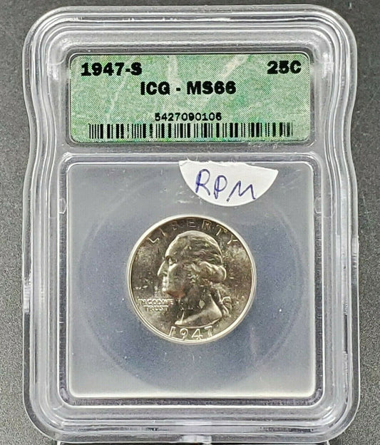 1947 S S/S Washington Silver Quarter Variety Coin ICG MS66 WITH RPM