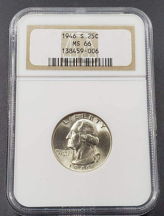 1946 S 25C Washington Quarter Silver Coin NGC MS66 Holder GEM BU Some toning