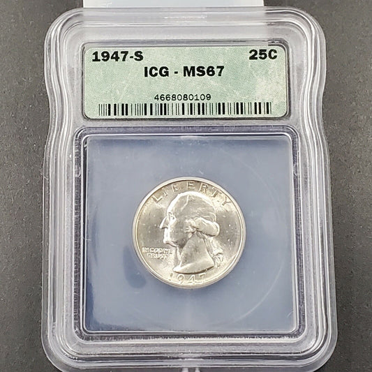 1947 S Washington Silver Quarter Coin ICG MS67 Gem BU Reverse PQ Toning