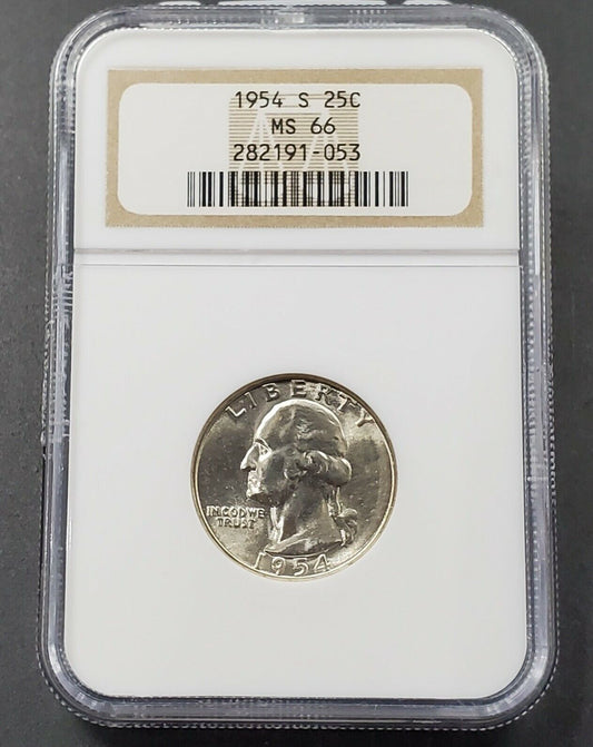 1954 S 25C Washington Quarter Silver Coin NGC MS66 GEM Last San Francisco Tone 2