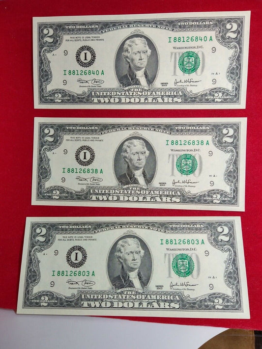 Lot of 3 $2 2003 FRN FEDERAL RESERVE NOTE CH UNC GREEN SEAL Neat SERIAL #