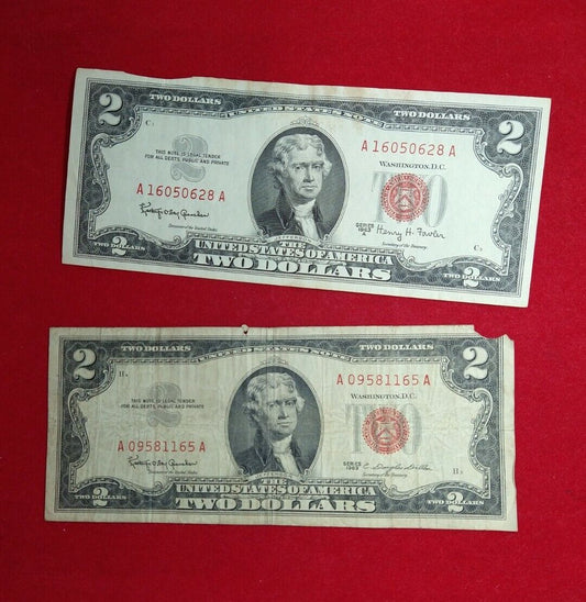 2 NOTE SET 1963 + 63 A $2 Red Seal Legal Tender Circ Note Bills NEAT Serial #s 1