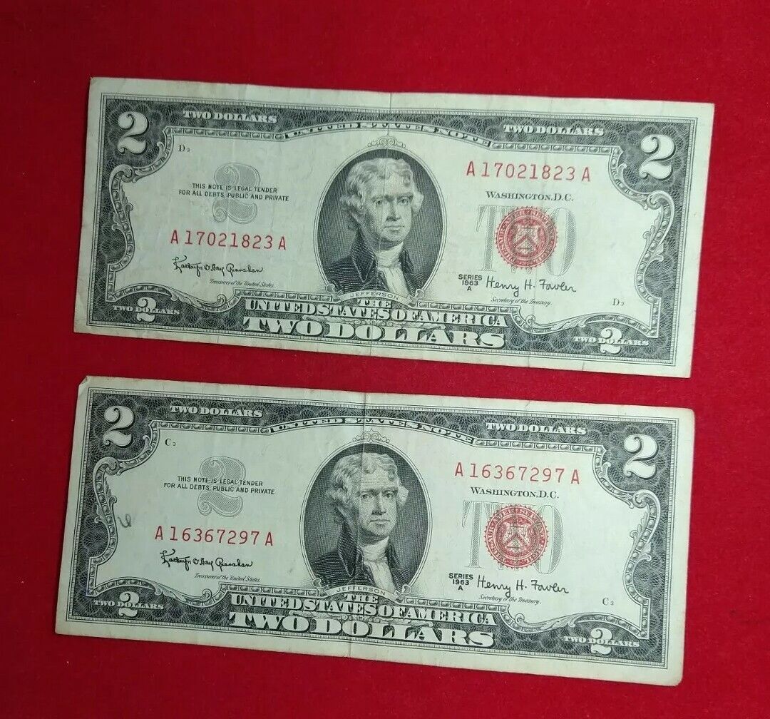 2 NOTE SET 1963 + 63 A $2 Red Seal Legal Tender Circ Note Bills NEAT Serial #s 3