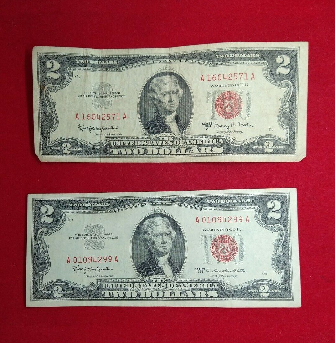 2 NOTE SET 1963 + 63 A $2 Red Seal Legal Tender Circ Note Bills NEAT Serial #s 5