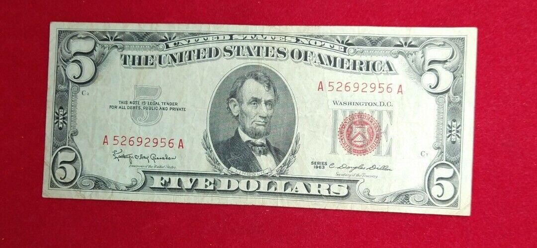 1963 $5 Five Dollar United States Red Seal Note NICE SERIAL # LOOK , US Bill