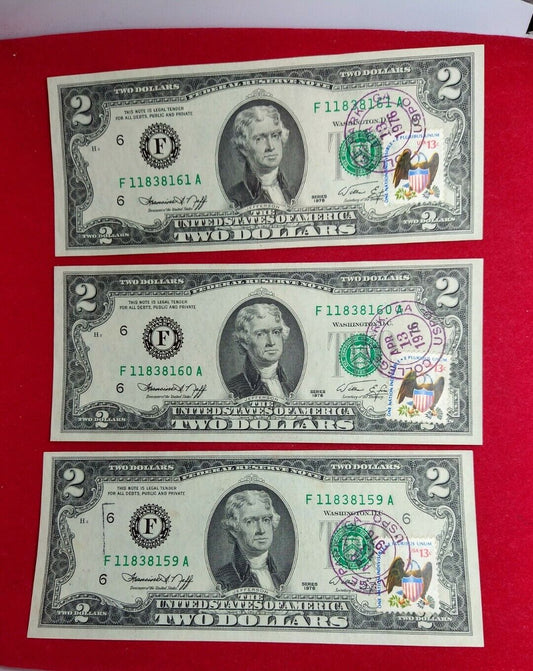 3 Consecutive 1976 $2 FRN Postal Note College Park GA CH UNC Bicentennial