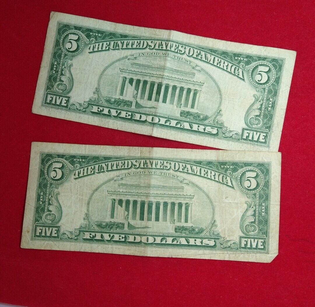 Lot of 2 1963 $5 Five Dollar United States Red Seal Legal Tender Circulated