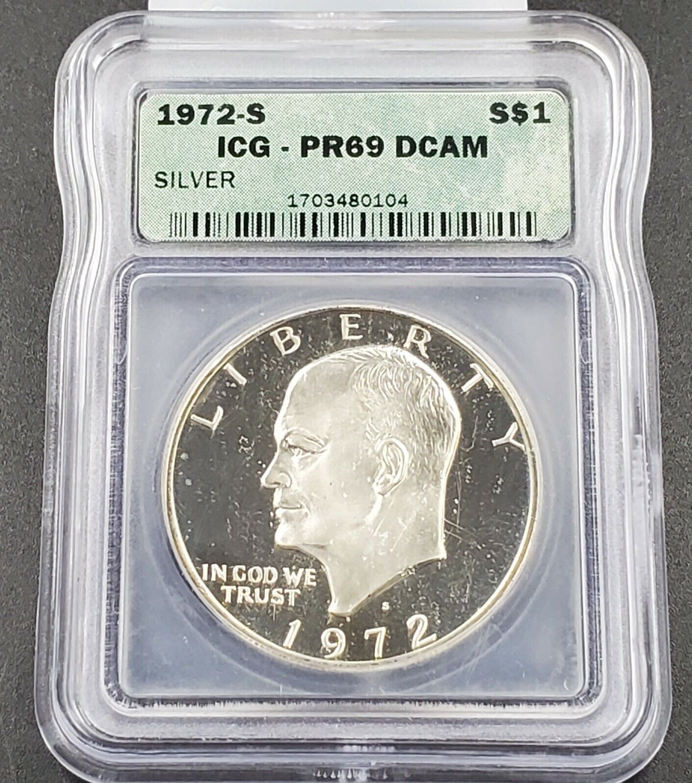 1972 S $1 Eisenhower Brown Ike 40% Silver PR69 DCAM ICG Used Slab