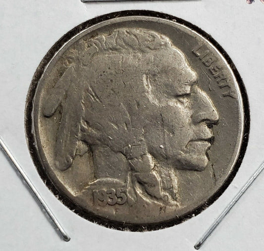 1935 s 5c Buffalo Indian Head Nickel Laminated Planchet error Obverse , Circulat
