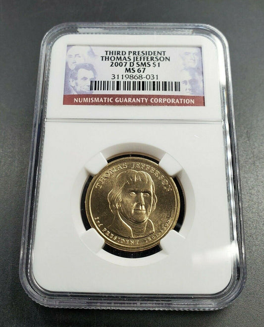 2007 D Thomas Jefferson Presidential Dollar Coin NGC SMS MS67 SATIN