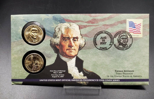 THOMAS JEFFERSON 2007 Presidential Dollar P & D 2 coin Set First Day OGP
