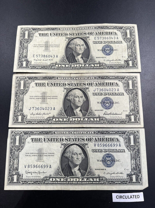 3 Note Set 1957 + A & B $1 Blue Seal Currency Note Silver Certificate VF+ Bills