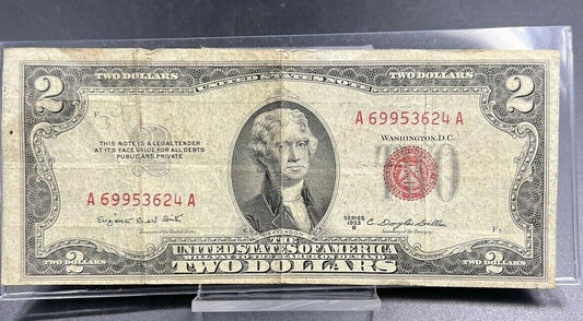 1953 B $2 United States Currency Legal Tender Note Red Seal slight off center