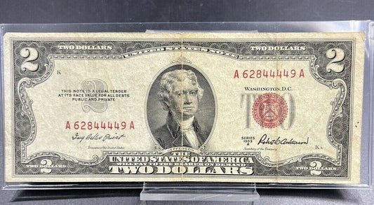 1953 A $2 United States Currency Legal Tender Note Red Seal REPEAT 4444 SERIAL #