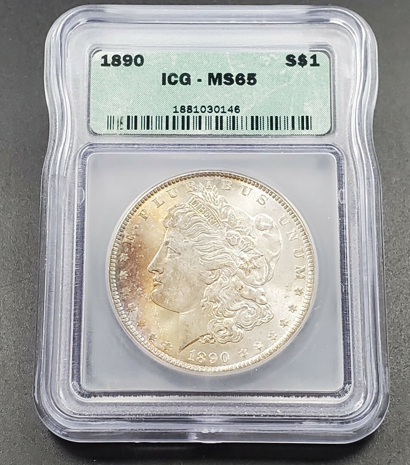 1890 P Morgan Silver Eagle Dollar Coin ICG MS65 Gem BU UNC Obverse Toner