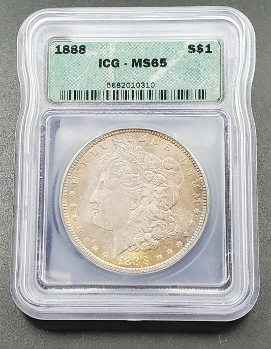 1888 P Morgan Silver Eagle Dollar Coin ICG MS65 Gem BU UNC Obverse Toner