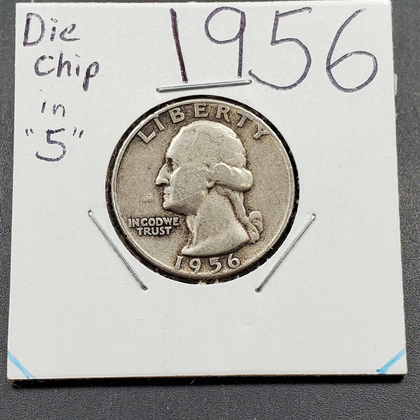 1956 P Washington Silver Quarter Coin Circulated Die Chip in Date Variety