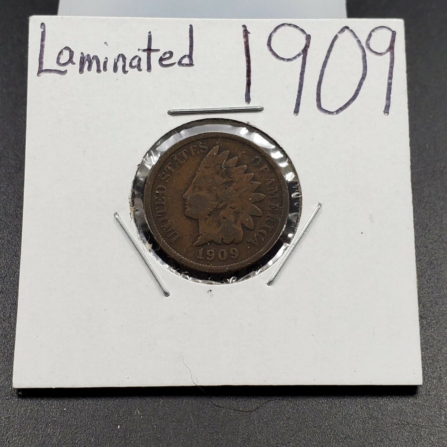 1909 Indian Head Cent Penny Coin Circulated Laminated Planchet 7 oclock Obverse