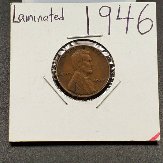 1946 P 1c Lincoln Wheat Cent Error Coin Major Laminated Planchet WW2 Era 2