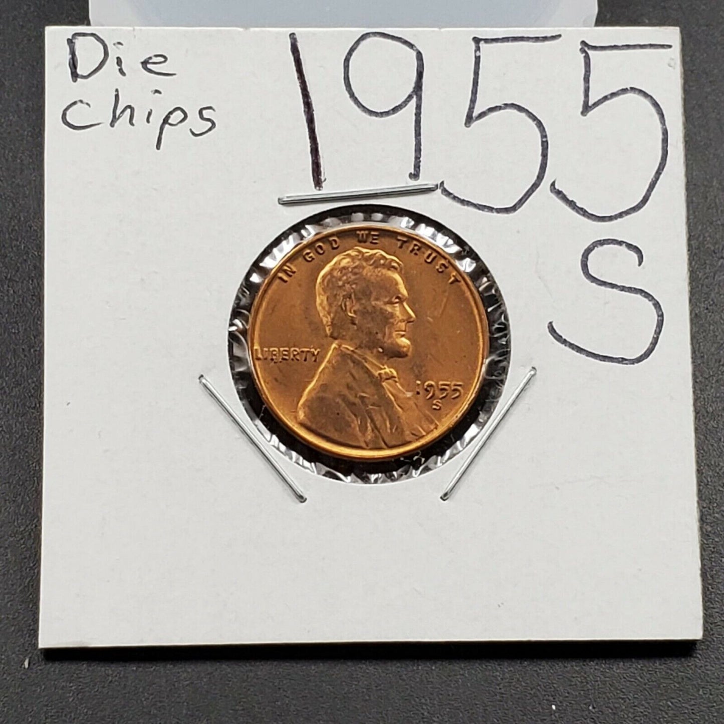 1955 S Lincoln Wheat Cent Penny BU RB Die chips in Liberty